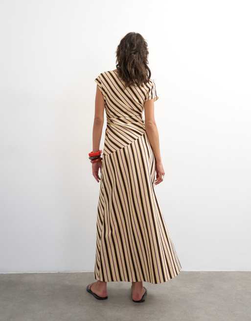 Topshop - Vestito lungo in misto lino a righe neutre con spalle scivolate, 3 di 4