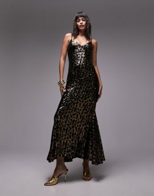 Topshop animal sequin maxi dress in black and gold - ASOS Price Checker