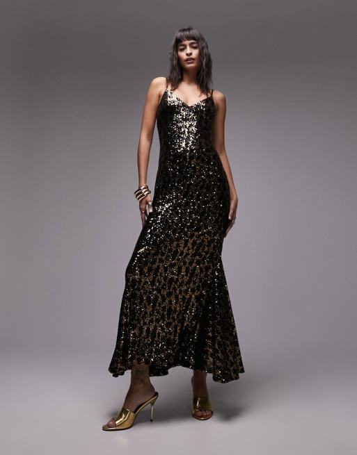 Topshop - Vestito lungo in paillettes nere e oro animalier