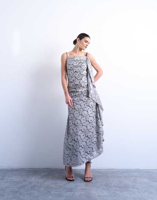 Topshop - Vestito lungo in pizzo pesante color argento laminato