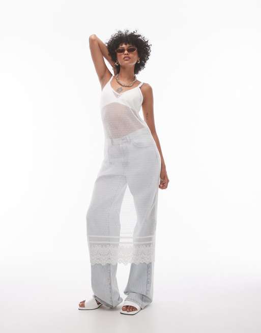 Topshop - Vestito lungo in pizzo trasparente color avorio