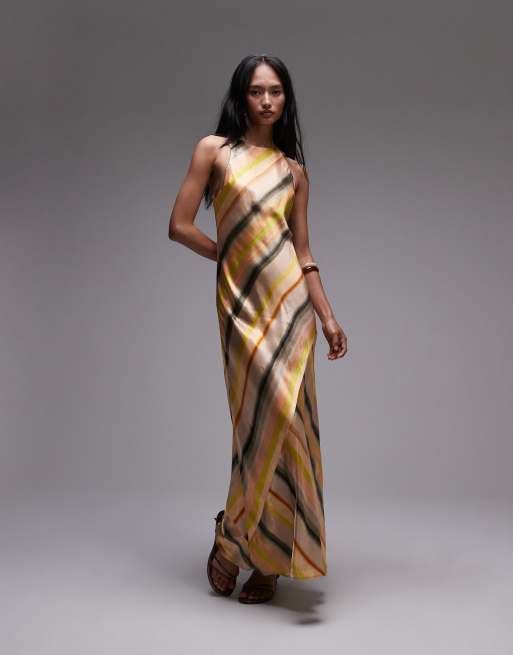 Topshop - Vestito lungo in raso a righe sfumate con scollo a vogatore e taglio sbieco