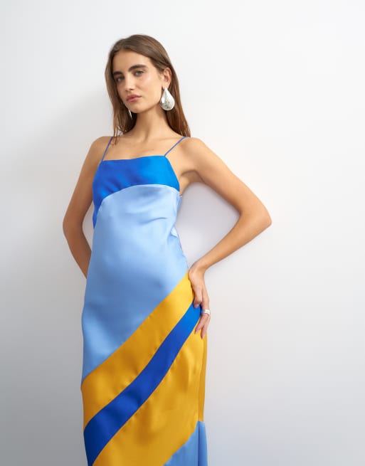 Topshop - Vestito lungo in raso blu e arancione con cut-out a contrasto, 2 di 4
