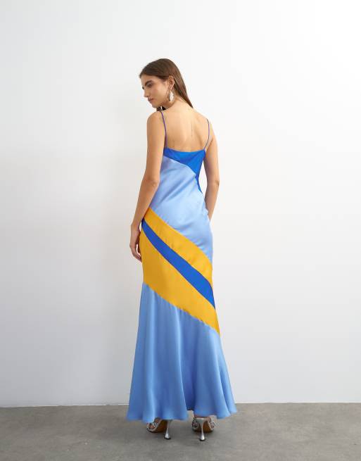 Topshop - Vestito lungo in raso blu e arancione con cut-out a contrasto, 3 di 4