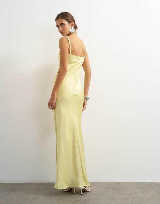 Topshop - Vestito lungo in raso giallo con cuciture e spalline sottili, 3 di 8