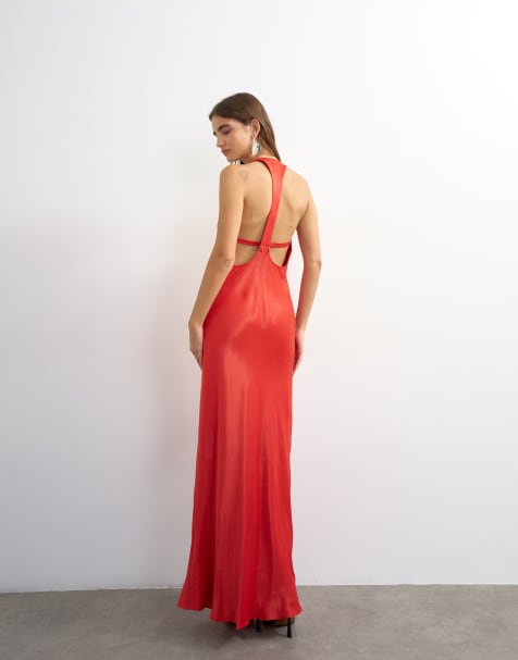 Topshop - Vestito lungo in raso rosso con scollo a barchetta e cuciture a vista - view 1