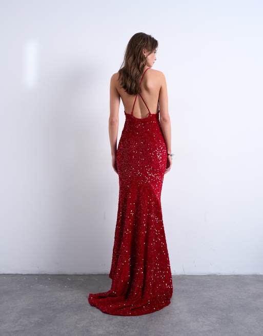 Topshop - Vestito lungo in velluto rosso con paillettes e scollo profondo, 3 di 4