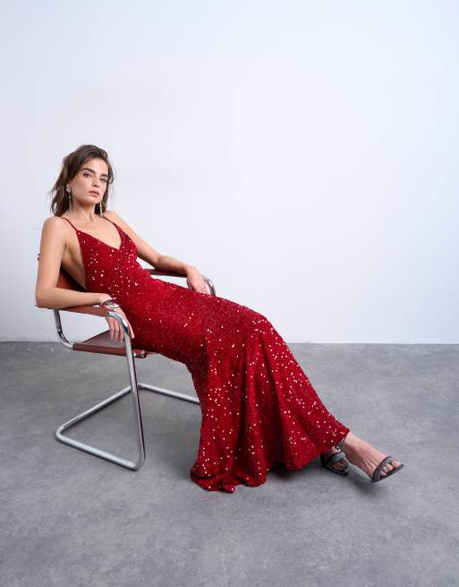 Topshop - Vestito lungo in velluto rosso con paillettes e scollo profondo, 4 di 4