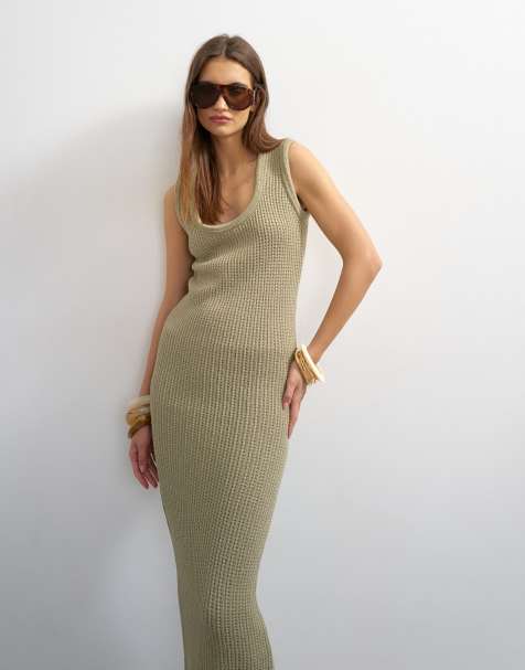 Topshop - Vestito lungo kaki in maglia tubolare con scollo rotondo - view 1