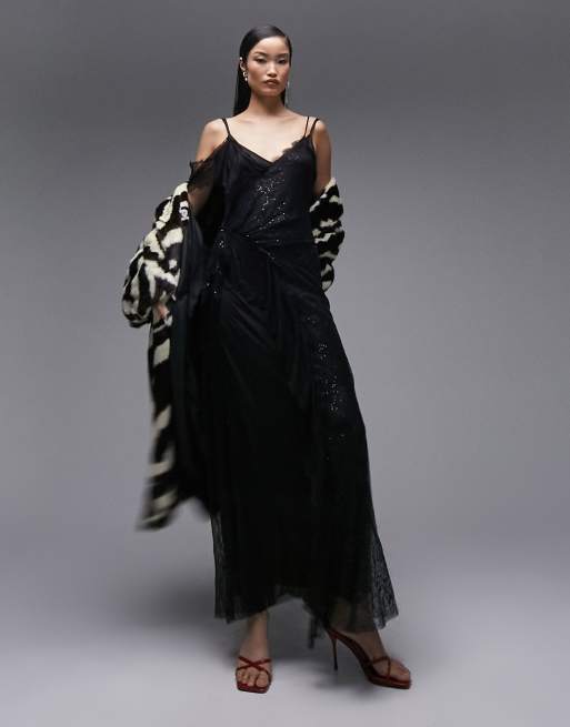 Topshop - Vestito lungo monospalla nero con decorazione in pizzo, 2 di 4