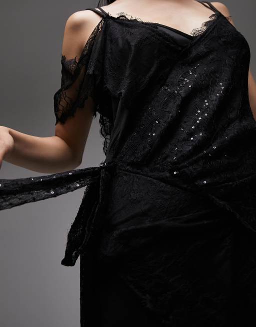 Topshop - Vestito lungo monospalla nero con decorazione in pizzo, 3 di 4