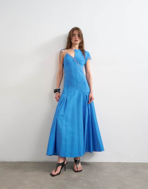 Topshop - Vestito lungo monospalla stropicciato blu fiordaliso con inserti in pizzo, 1 di 4