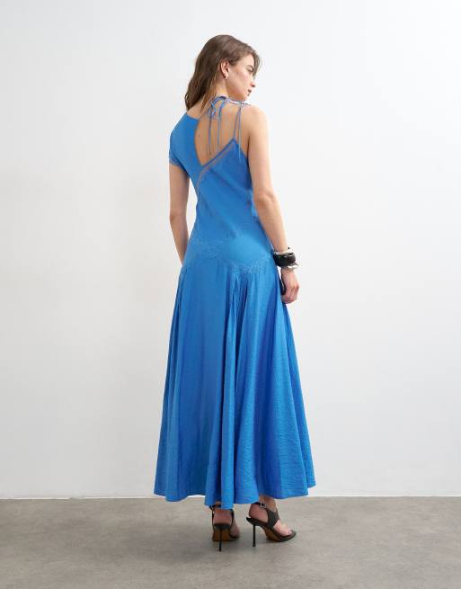 Topshop - Vestito lungo monospalla stropicciato blu fiordaliso con inserti in pizzo, 4 di 4