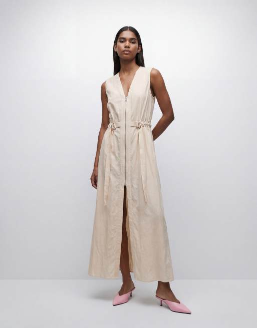 Topshop - Vestito lungo multitasche stropicciato écru con scollo a V e zip sul davanti, 9 di 11