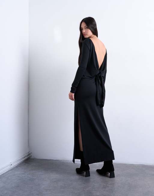 Topshop - Vestito lungo nero aderente e drappeggiato aperto dietro, 4 di 4