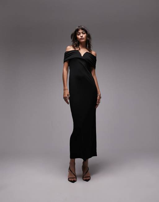 Topshop - Vestito lungo nero con dettaglio a V e scollo alla Bardot