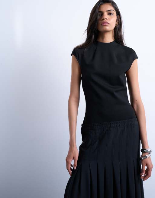 Topshop - Vestito lungo nero con vita scesa e gonna con pieghe a cannoncino, 2 di 4