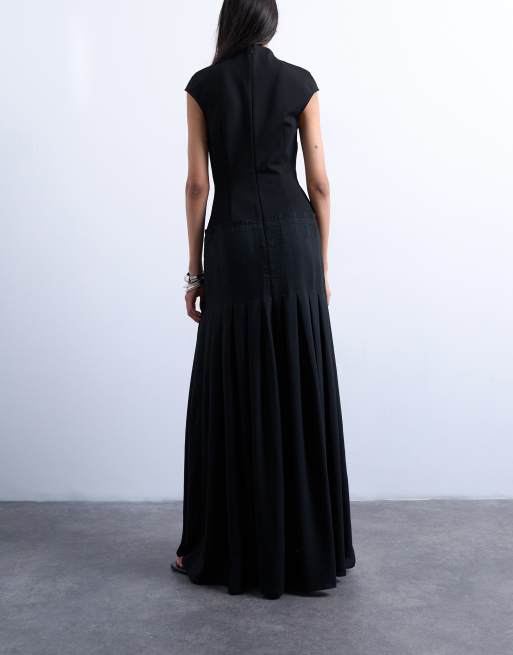 Topshop - Vestito lungo nero con vita scesa e gonna con pieghe a cannoncino, 4 di 4