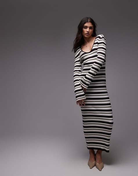 Topshop - Vestito lungo oliva a righe a coste con scollo rotondo - view 1