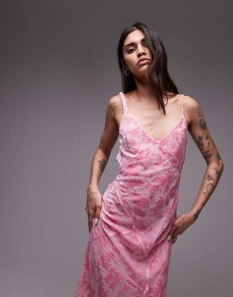 Topshop - Vestito lungo rosa dévoré con spalle intrecciate - view 1