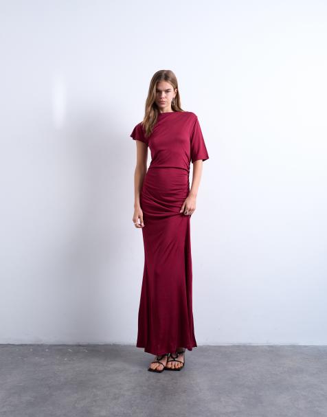 Topshop - Vestito lungo rosso a maniche corte con design aderente asimmetrico - view 1