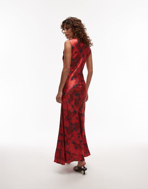 Topshop - Vestito lungo rosso con rose e scollo drappeggiato, 4 di 4