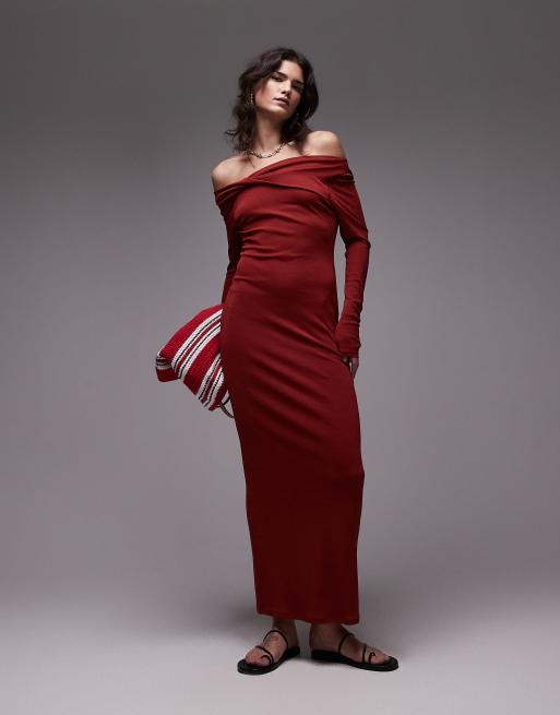 Topshop - Vestito lungo rosso ruggine con maniche lunghe, scollo alla Bardot e dettaglio attorcigliato