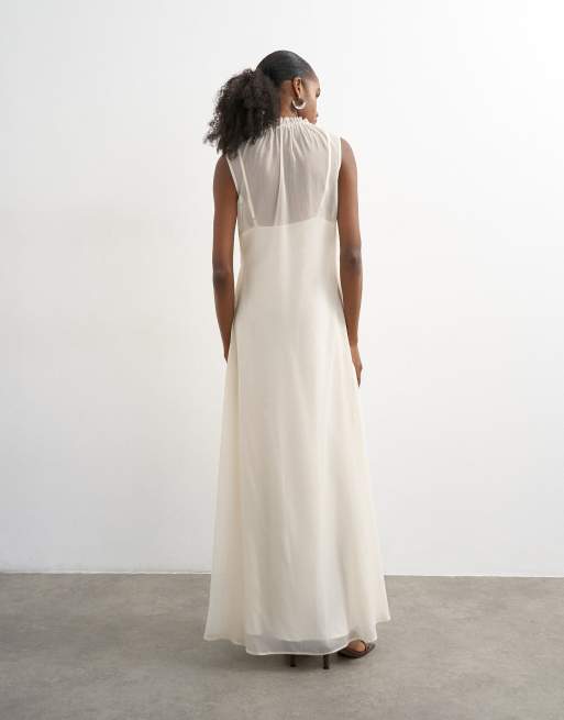 Topshop - Vestito lungo senza maniche in chiffon écru con grafica arricciata, 4 di 4