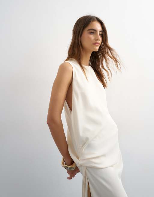 Topshop - Vestito lungo senza maniche in crêpe écru con incrocio laterale, 3 di 4