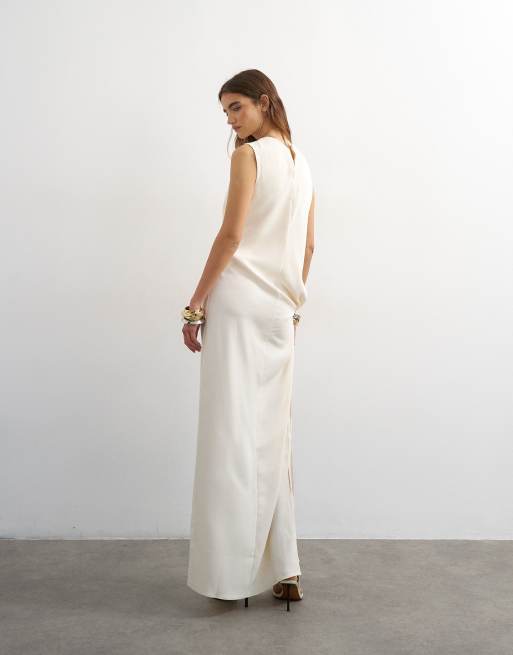 Topshop - Vestito lungo senza maniche in crêpe écru con incrocio laterale, 4 di 4