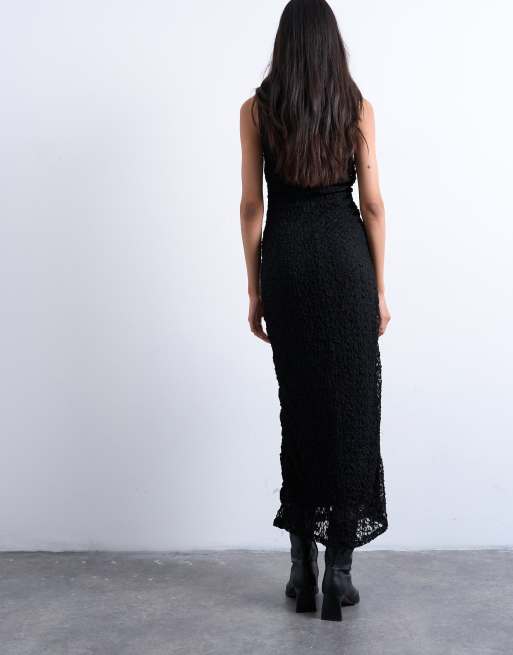 Topshop - Vestito lungo senza maniche in pizzo nero con spacco laterale, 4 di 4