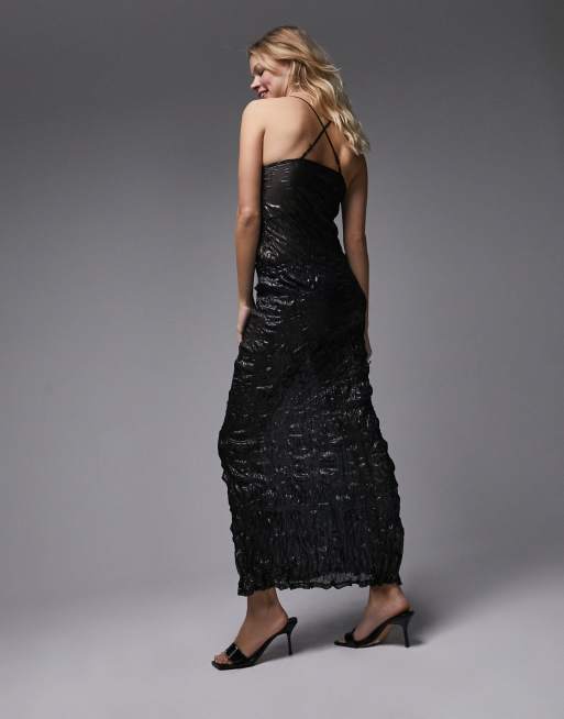 Topshop Vestito lungo stropicciato stile sottoveste trasparente metallizzato con taglio sbieco ASOS