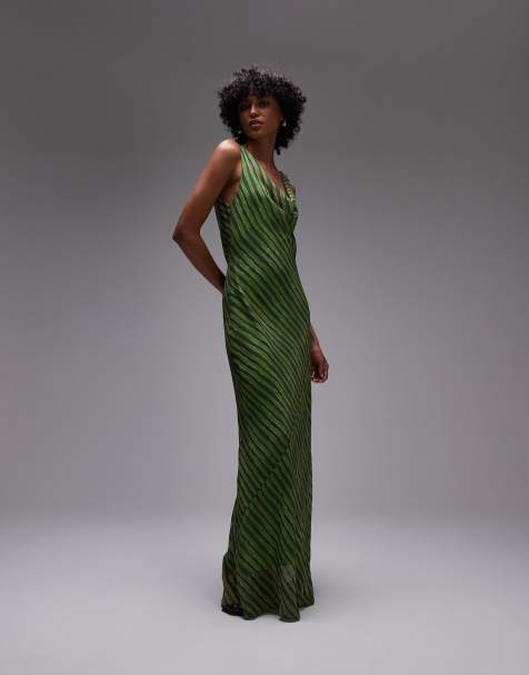 Topshop - Vestito lungo strutturato a doppio strato verde con stampa e scollo ad anello - view 1