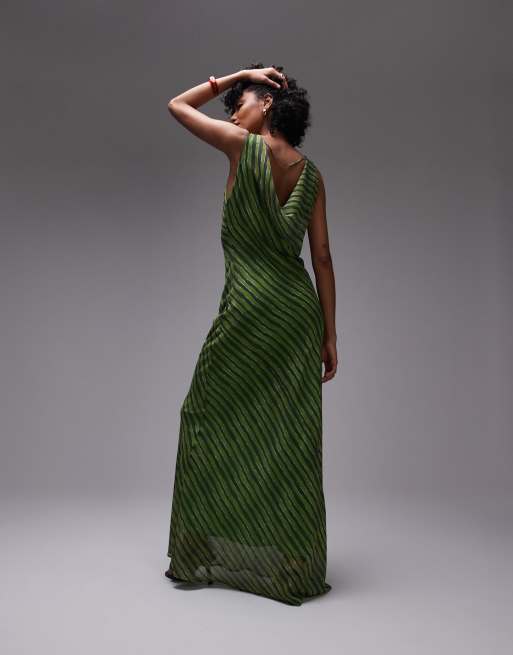 Topshop - Vestito lungo strutturato a doppio strato verde con stampa e scollo ad anello, 4 di 4