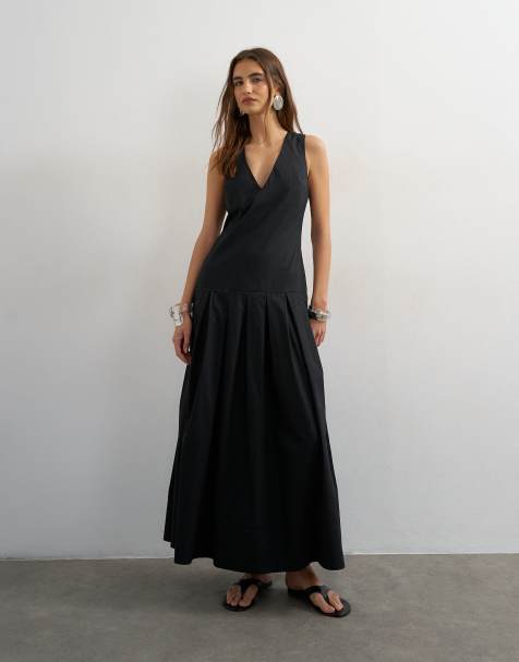 Topshop - Vestito lungo strutturato in popeline nero con vita scesa - view 1