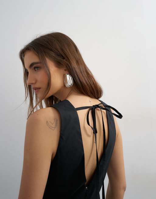 Topshop - Vestito lungo strutturato in popeline nero con vita scesa, 3 di 4
