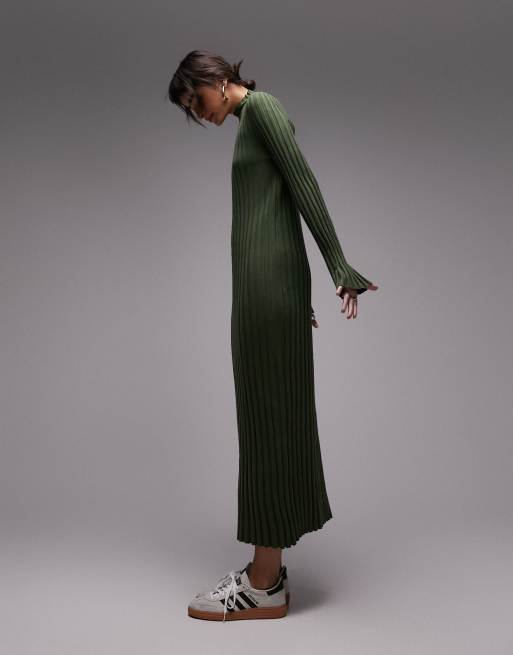 Topshop - Vestito lungo verde a coste in maglia con collo a imbuto