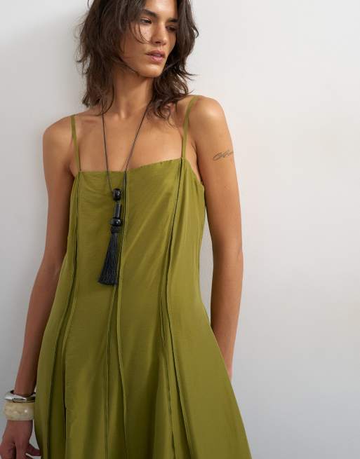 Topshop - Vestito lungo verde chartreuse con spalline sottili e cuciture grezze, 4 di 4