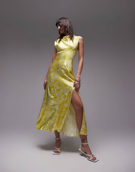 Topshop - Vestito lungo verde lime a fiori con collo drappeggiato