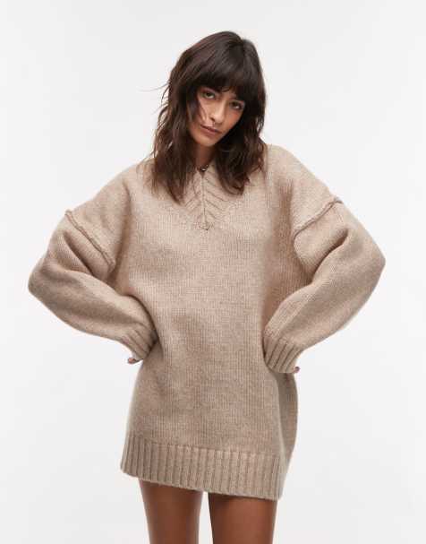 Topshop - Vestito maglia corto oversize color avena con scollo alto a V - view 1