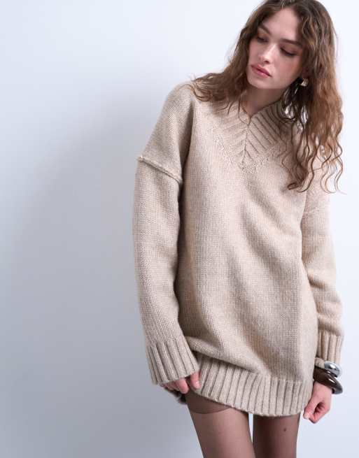 Topshop - Vestito maglia corto oversize color avena con scollo alto a V