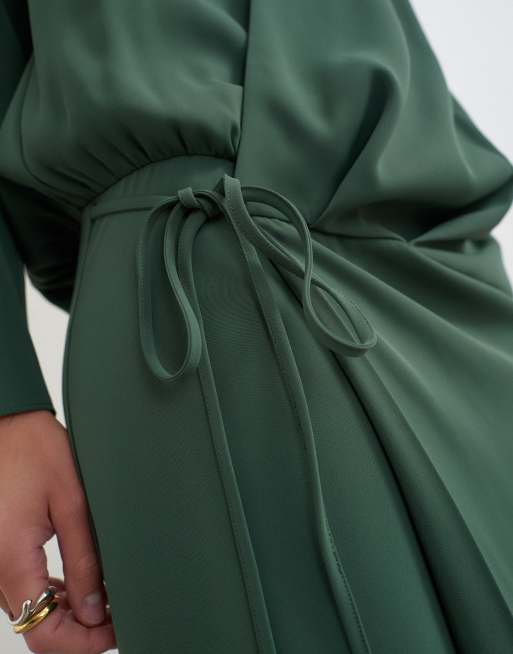 Topshop vestito maxi blouson con scollo profondo e vita annodata verde scuro, 2 di 4
