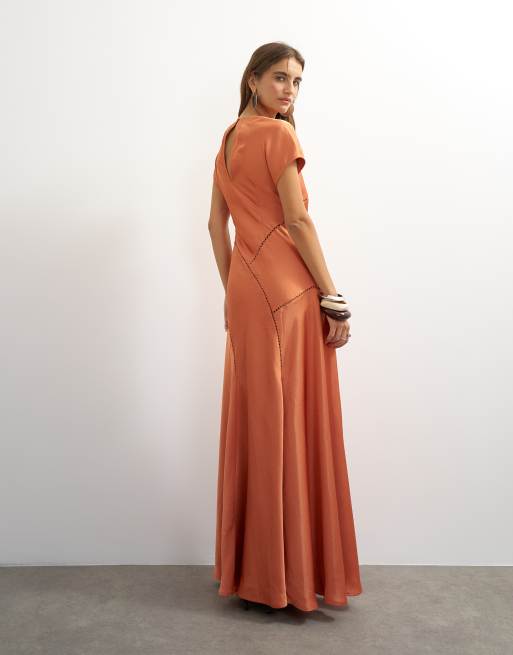 Topshop vestito maxi con pannelli in raso e maniche corte arancione, 2 di 4