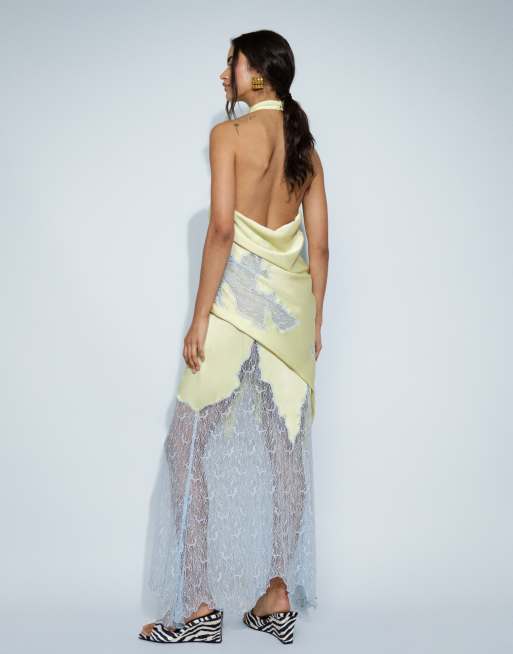 Topshop vestito maxi da cerimonia in raso con allacciatura al collo e orlo in pizzo, lime e blu, 4 di 8