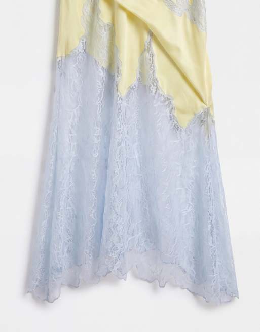 Topshop vestito maxi da cerimonia in raso con allacciatura al collo e orlo in pizzo, lime e blu, 8 di 8