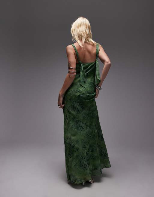 Topshop vestito maxi da cerimonia verde snake con collo annodato e scollo ad anello profondo, 4 di 4