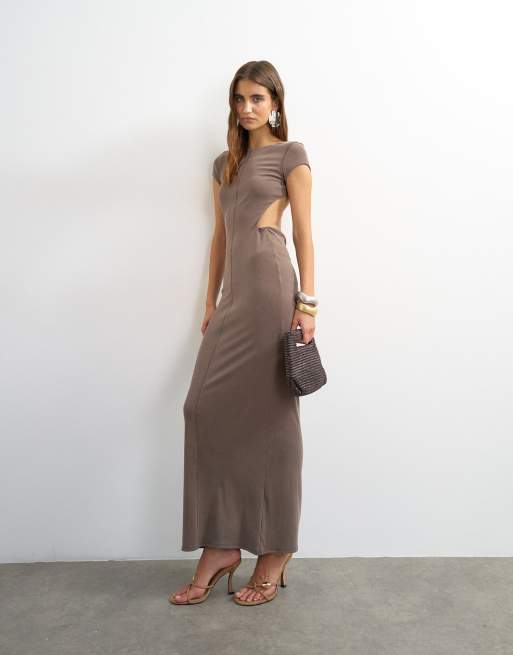 Topshop vestito maxi in cupro a doppio strato con cut-out color kaki, 1 di 4