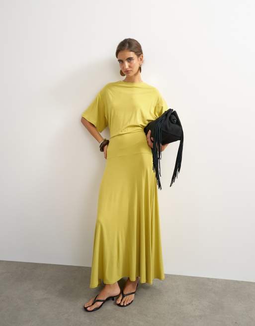 Topshop vestito maxi in jersey misto viscosa con vita scesa color lime