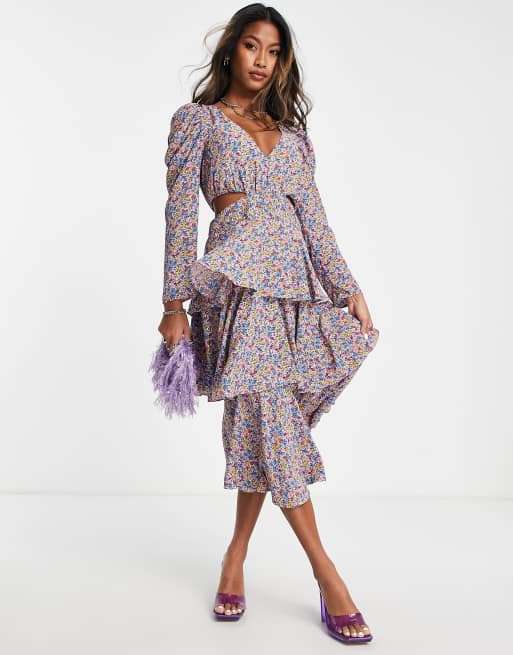 Topshop - Vestito midi a balze a fiori multicolore con cut-out laterali 