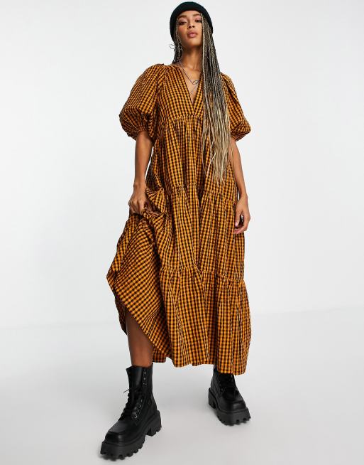 Topshop - Vestito midi a balze a quadretti color senape - MUSTARD